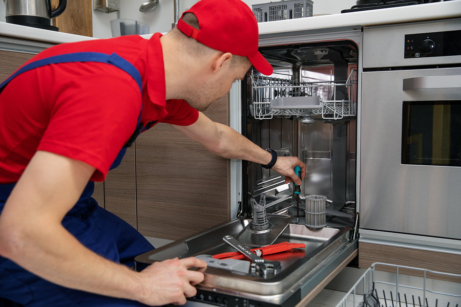 appliance expert doing dishwasher repair 